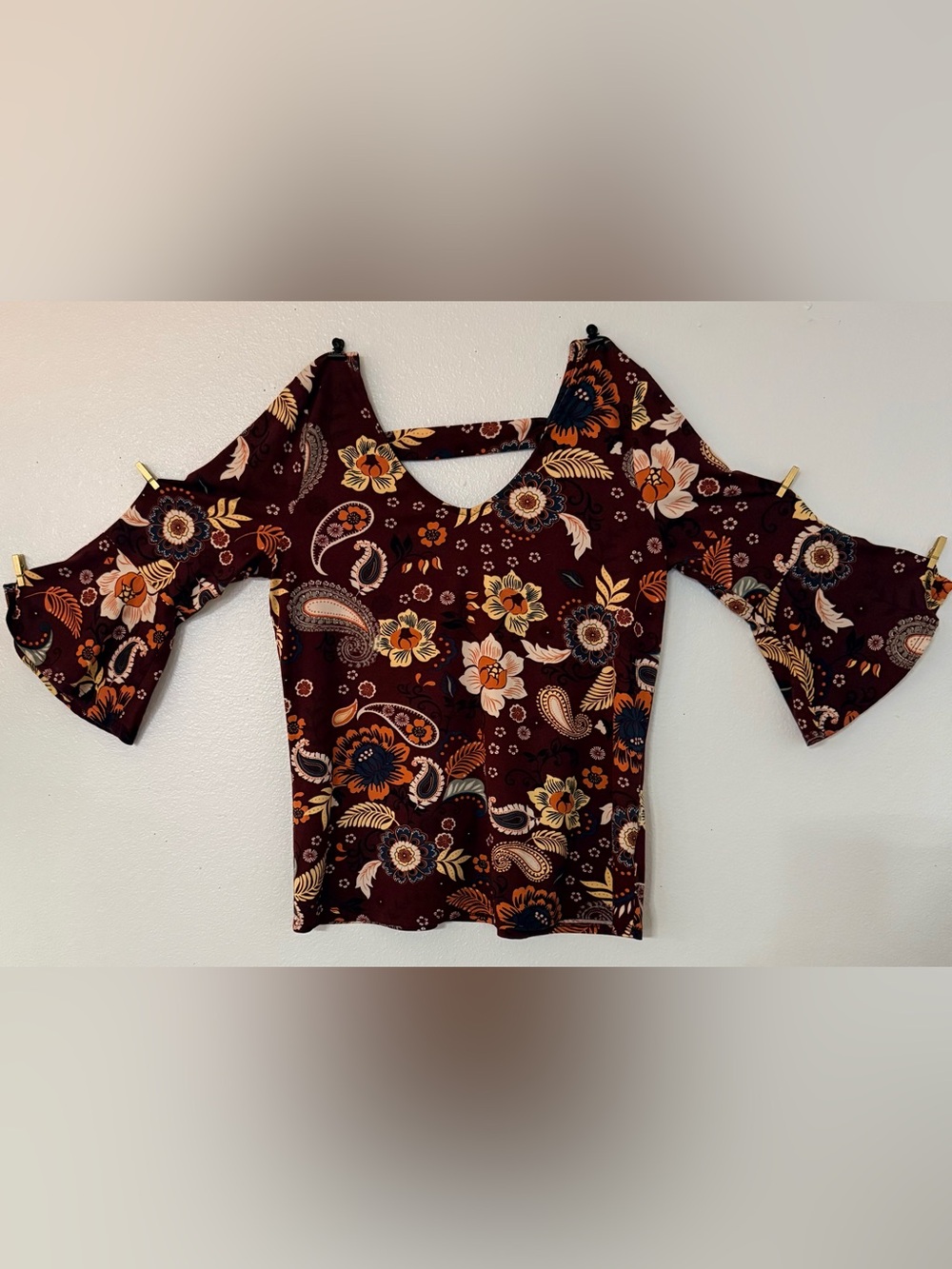 Anne Britton Burgundy Floral Paisley Bell Sleeve Top L